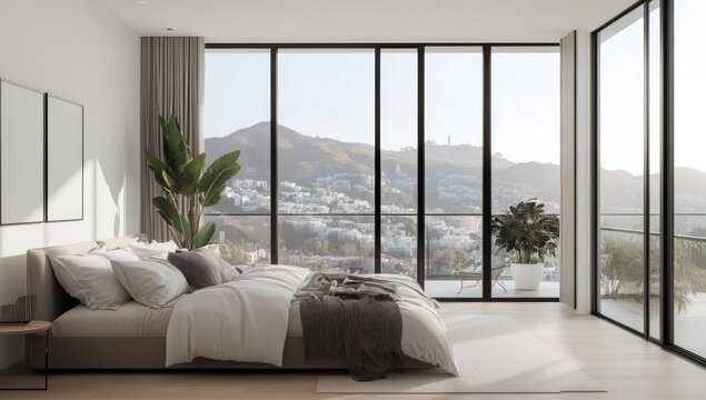 Modern bedroom with panoramic mountain views