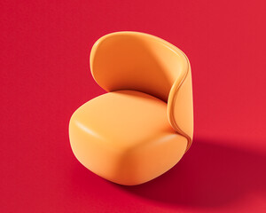 A modern orange lounge chair with a curved backrest wrapping around a soft, rounded seat on a vibrant red background., 3d rendering