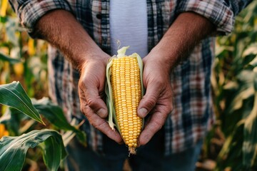 Farmer holds ripe corn cob