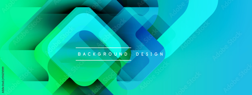 Poster Abstract geometric shapes, vibrant blue, green gradients. Modern design elements create dynamic visual texture. Background features layered squares.