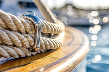 Close-up of nautical rope and cleat on a wooden boat.  Sunlight highlights the details of the rope and metal fitting. Blurred background shows other boats and water