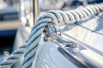 Close-up of nautical rope and cleat.  White rope with blue stripes is secured to a shiny metallic cleat on a white boat