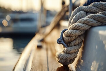 Close-up of nautical rope and metal fitting on a boat.  Sunlight casts a warm glow on the scene