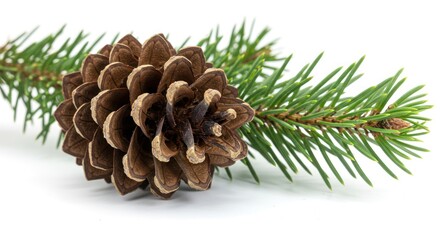 Pine Cone and Green Pine Branch on White Background for Nature and Holiday Decor