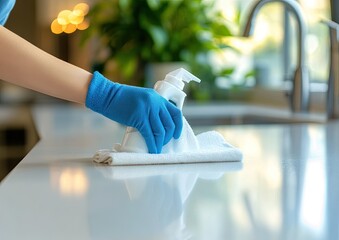 Close-up of gloved hand cleaning a white countertop with a cleaning cloth and spray bottle