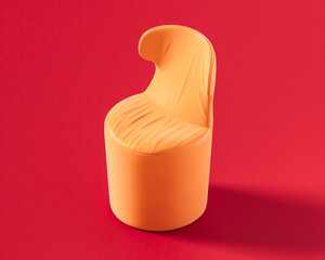 Flat orange color cylindrical stool with a curved, draped backrest, offering a sculptural and modern accent piece on a vibrant red background, 3d rendering