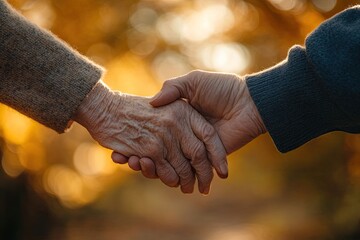 Close-up of clasped senior hands.  Warm autumnal light filters through trees