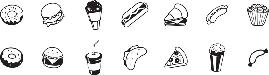 Black and White Icon Set Featuring a Wide Range of Delicious Fast Food and Snack Items in Vector Illustration Style.