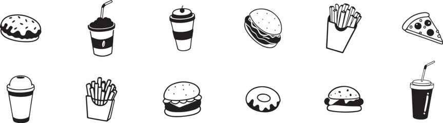 Black and White Icon Set Featuring a Wide Range of Delicious Fast Food and Snack Items in Vector Illustration Style.
