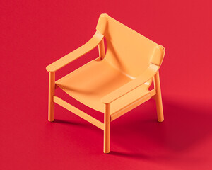 A modern orange lounge chair with open frame, featuring a suspended seat and backrest, showcasing a minimalist design on a red background, perfect for contemporary spaces, 3d rendering