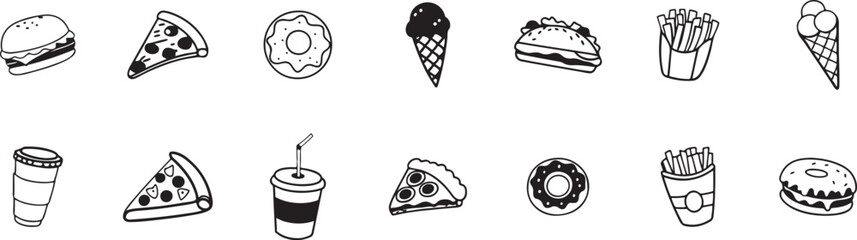 Black and White Icon Set Featuring a Wide Range of Delicious Fast Food and Snack Items in Vector Illustration Style.