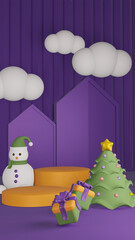 3D Purple Portrait Background with Snowman Christmas Podium for Product Promotion