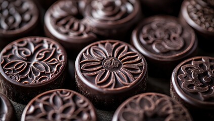 Close-up of dark chocolate treats.  Ornate designs in dark chocolate
