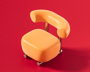 Single color, flat orange lounge chair with a striking high, curved backrest and a minimalist design, showcasing a unique blend of comfort and sculptural elegance on a red background, 3d rendering
