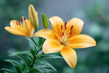 Obraz premium Two orange lilies blooming in the garden with water drops
