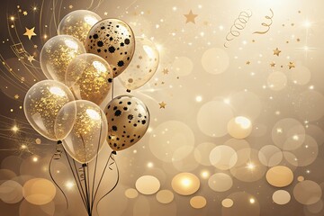 Elegant gold and transparent balloons filled with sparkling glitter and star patterns float against a bokeh background with shimmering lights and golden stars creating a festive celebratory atmosphere