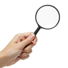 Hand holding a magnifying glass for close examination isolated on transparent background