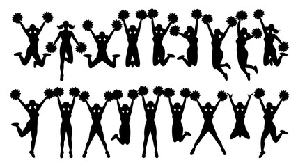 Obraz premium Cheerleader silhouette vector of sixteen jumping cheerleaders with pompoms perfect for sports team logos and school spirit graphics.