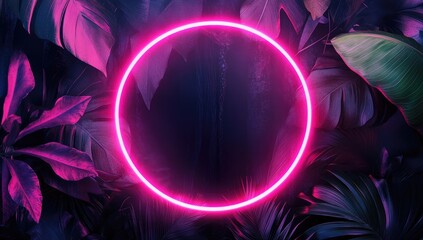 Neon pink circle frame in lush tropical foliage