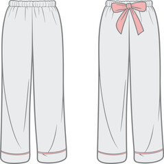 Cozy women pajama pants CAD drawing flat vector illustration with elastic waistband, bow tie detail, hem piping, sleepwear lounge sketch