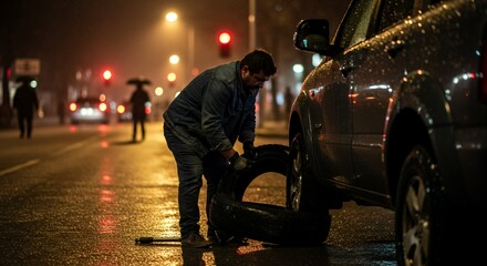 Lone man struggles with a flat tire on a rain-slicked city street at night, illuminated by streetlights and distant traffic.