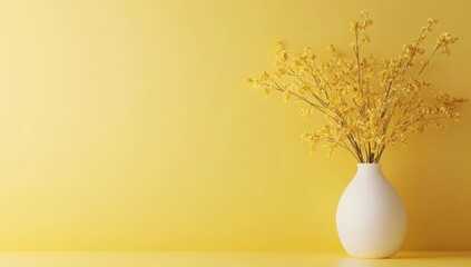 Yellow flowers in white vase against a bright yellow backdrop
