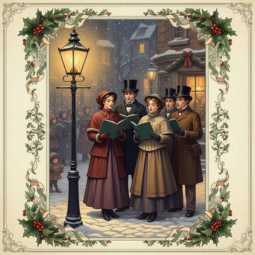 Victorian carolers singing christmas carols in a snowy street scene