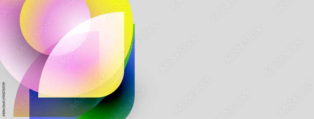 Poster Abstract shapes overlap, creating vibrant color blends. Soft gradients suggest light, movement, modern design elements. Minimalist composition.