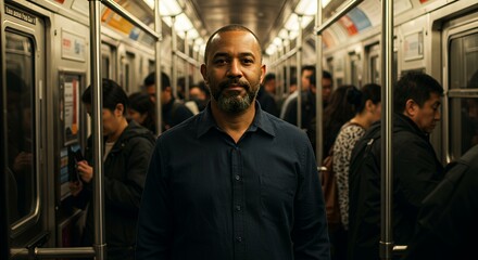 A man with a beard stands calmly amidst the bustling crowd on a public transit vehicle, his gaze directly at the camera.