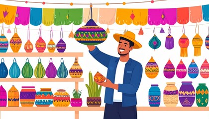A playful vector illustration of a person holding up a unique handcrafted item at a craft fair