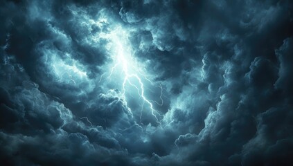 Fototapeta premium Dark, stormy clouds with a powerful lightning strike