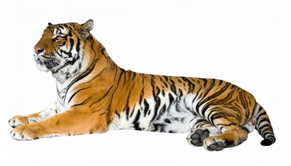 Fototapeta premium Majestic Bengal Tiger Lying Down, Wild Cat Stripes, Orange Fur, Powerful Predator, White Background,