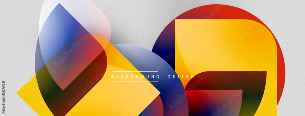 Poster Abstract shapes overlap, creating vibrant color blends. Modern design features geometric forms, gradients, smooth transitions.
