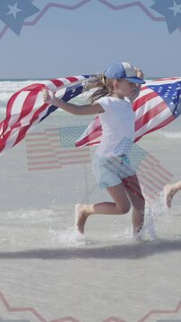 Animation of cotillion and usa flags over happy caucasian girl and boy running on beach
