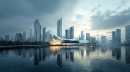 Obraz premium Modern Cityscape at Dawn: Architectural Marvel Reflected in Serene Waters