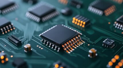 Close-Up View of Circuit Board with Microchips and Electronic Components