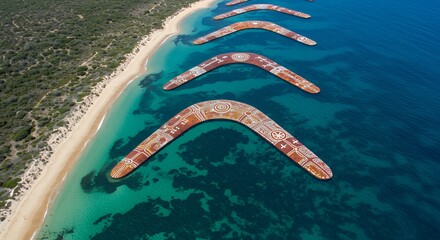 Giant Aboriginal art boomerangs float serenely in turquoise coastal waters, creating a breathtaking aerial view.