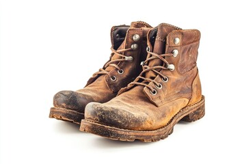 Worn leather work boots