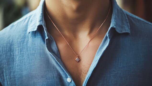 Close-up of a man wearing a delicate rose gold necklace with a diamond-shaped pendant, set against a light blue linen shirt - Powered by Adobe