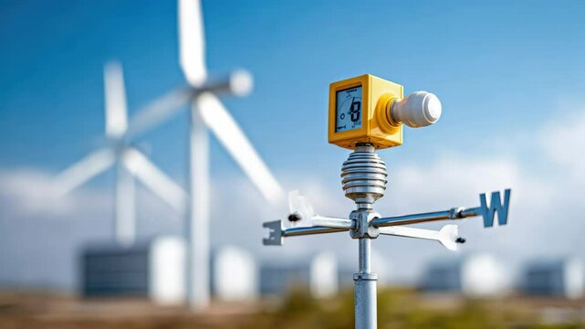 Wind turbine wind farm renewable energy wind direction anemometer wind vane weather station clean energy sustainable environment concept with close up of yellow anemometer and wind vane focus