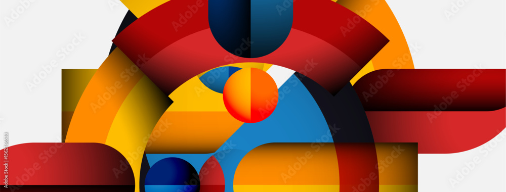 Poster Abstract geometric composition. Bold colors intersect, creating dynamic visual impact. Shapes suggest depth, movement, modern design.