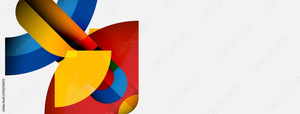 Poster Abstract colorful shapes overlap, creating dynamic composition. Bright hues contrast against white background. Modern design elements present.