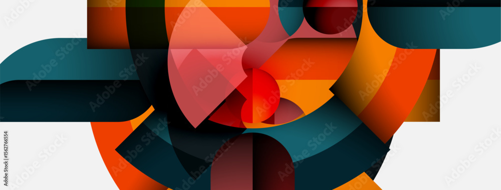 Poster abstract geometric shapes blend, creating dynamic composition. warm, cool colors contrast, forming m