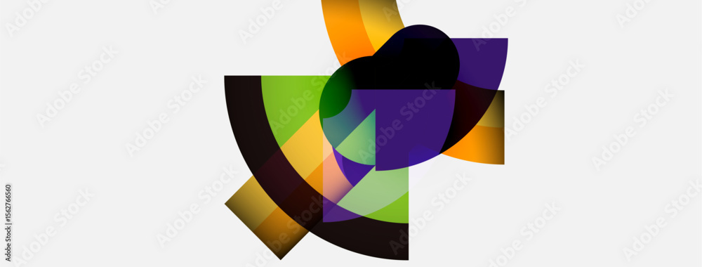 Poster Abstract geometric shapes overlap, creating vibrant color composition. Design features curves, angles, gradients. Minimalist style.