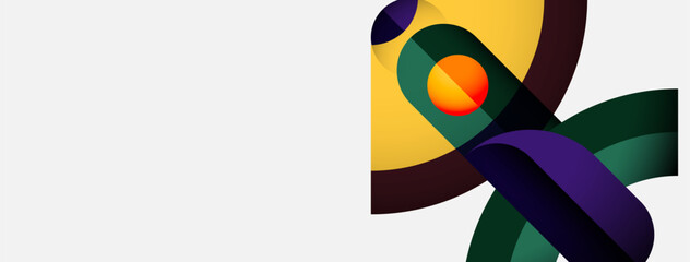 Abstract design features flowing ribbons, vibrant colors, orange sphere. Modern aesthetic, minimalist composition, dynamic shapes present.