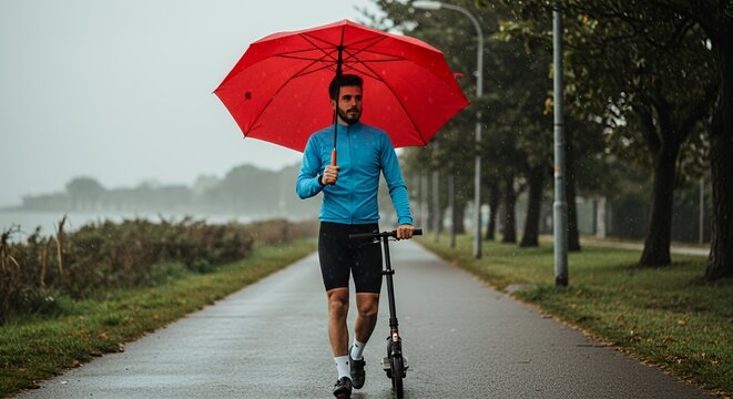 Man with red umbrella walks his scooter on a rainy day. - Powered by Adobe