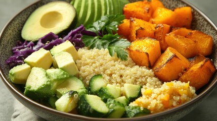 Delicious and Healthy Quinoa Bowl with Roasted Butternut Squash, Avocado, and Red Cabbage