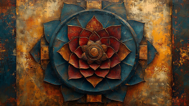 Ornate floral mandala with textured background depicting spiritual harmony and artistic expression through intricate geometric petals blending earth tones and tranquil blues