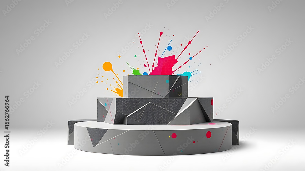 Fototapete cubist-inspired multi-level podium abstract geometric design with vibrant color splashes