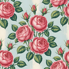Seamless vintage pattern of pink roses and lush green leaves on a light blue background